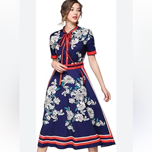 Elegant Floral Navy Dress Size 12 Stripe And Floral Dress